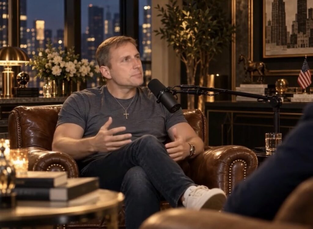 Podcast guest speaking into a microphone during an interview in a studio